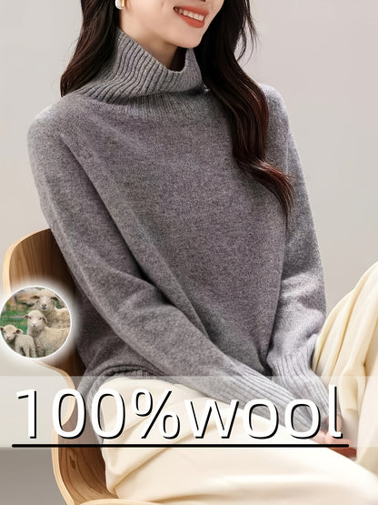 100% Wool Seamless High Neck Sweater - Loose Fit Sleeve Pullover with Micro-Stretch, Solid Color Top for Autumn Winter, Middle Eastern-Inspired Casual Chic Style