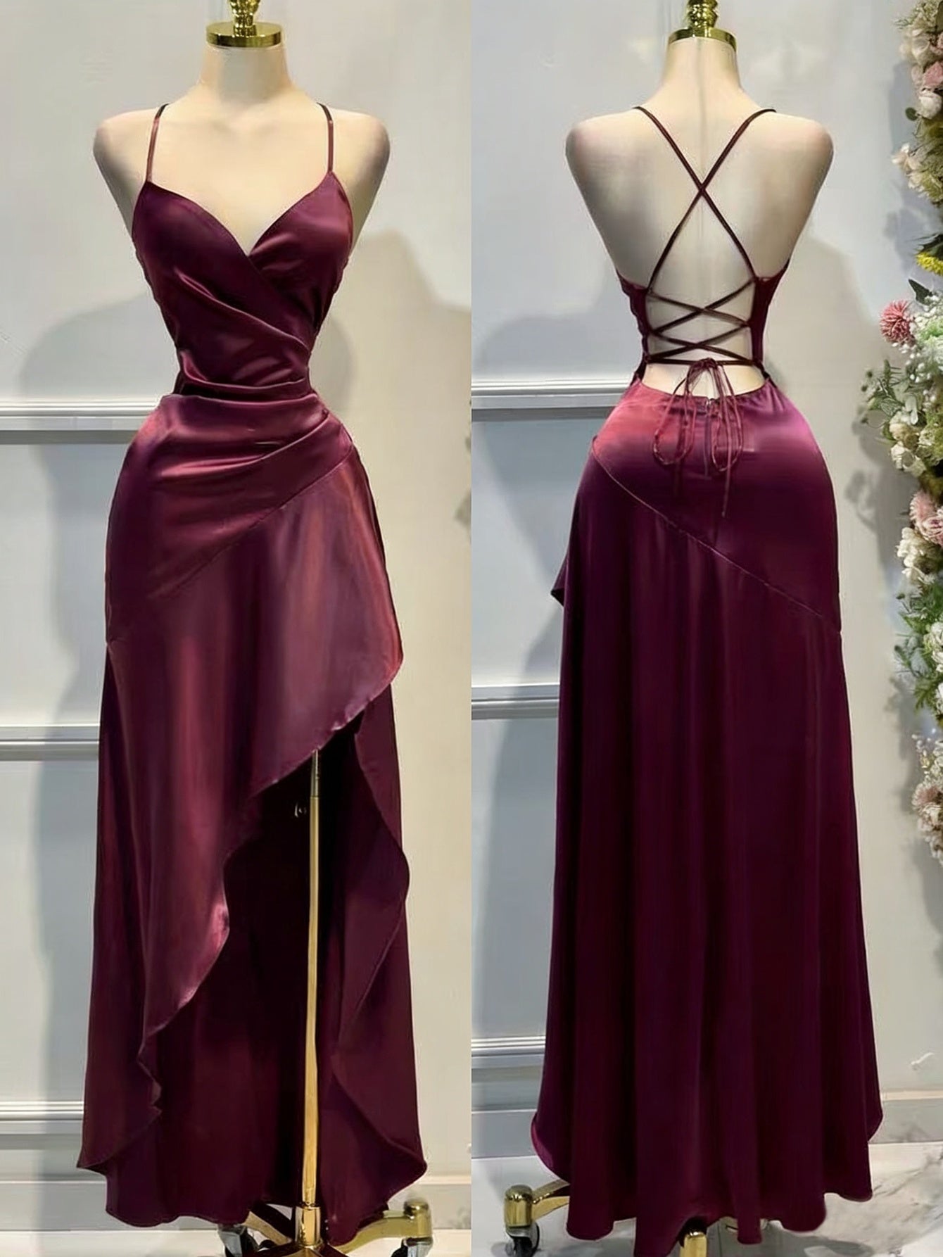 Satin Dress for Women Spaghetti Strap Ruched Open Back Party Wedding Guest Dress