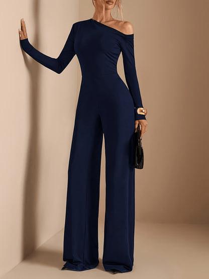 [Asymmetric Off-Shoulder Romper] Women's Elegant Asymmetric Off Shoulder Long Sleeve Wide Leg Romper - Solid Black Casual Jumpsuit for Spring Summer