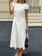 New Summer Women's White Polka Dot Short Sleeve Round Neck Midi Dress