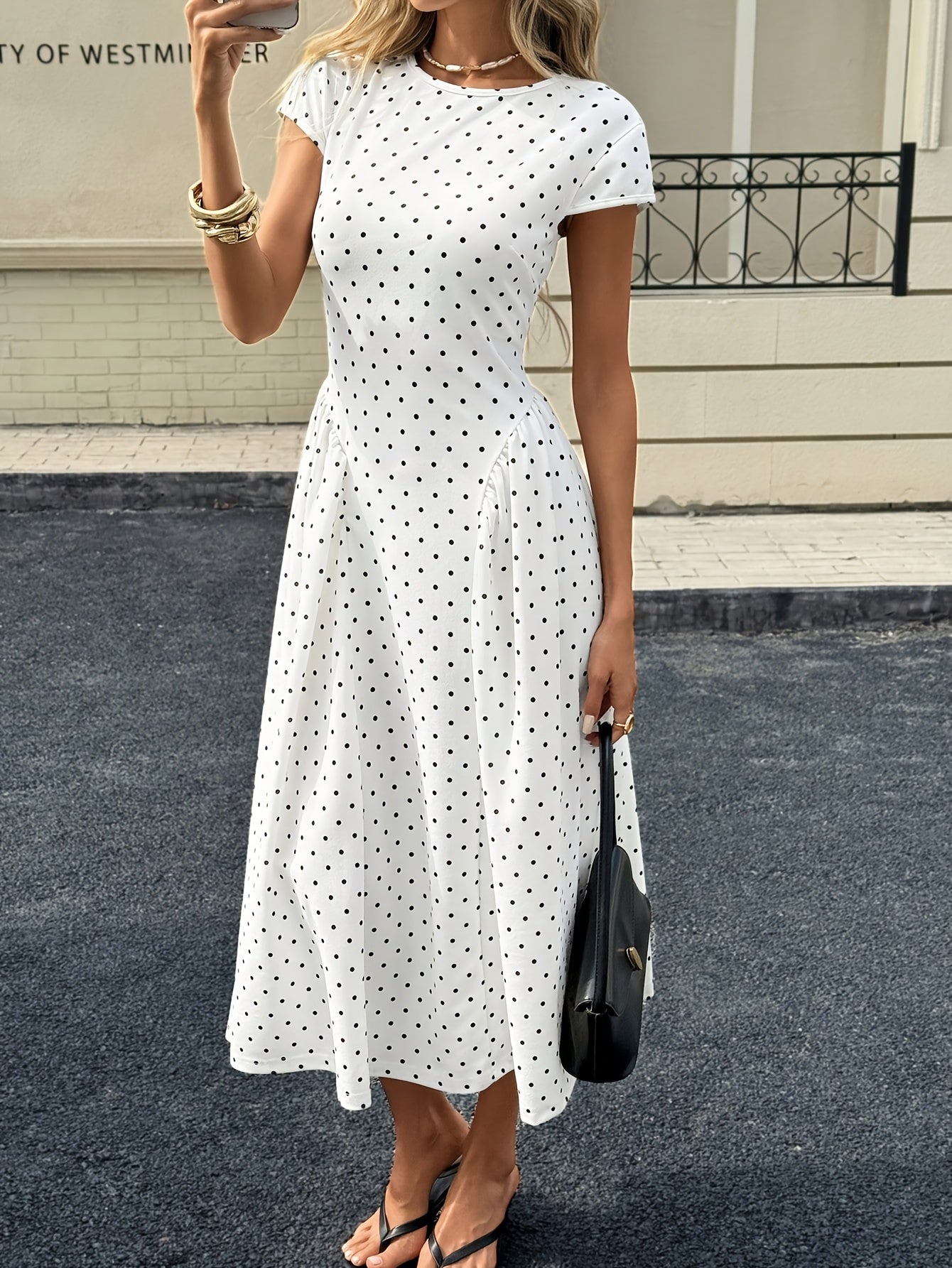 New Summer Women's White Polka Dot Short Sleeve Round Neck Midi Dress