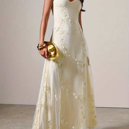 Maxi Slip Dress, Mesh Embroidered, Rehearsal Dinner Dress Wedding Guest Dress, Summer Fall