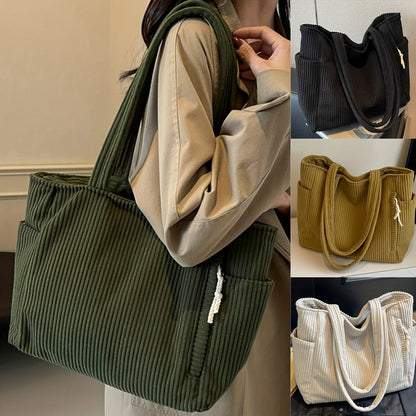 Corduroy Tote Bag for Women Multi Pocket Shoulder Bag for Commute Shopping Travel