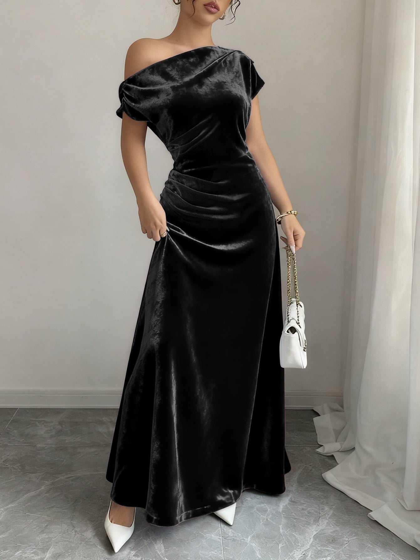Velvet Dress for Women Off Shoulder Floor Length Evening Dress for Party Banquet Events