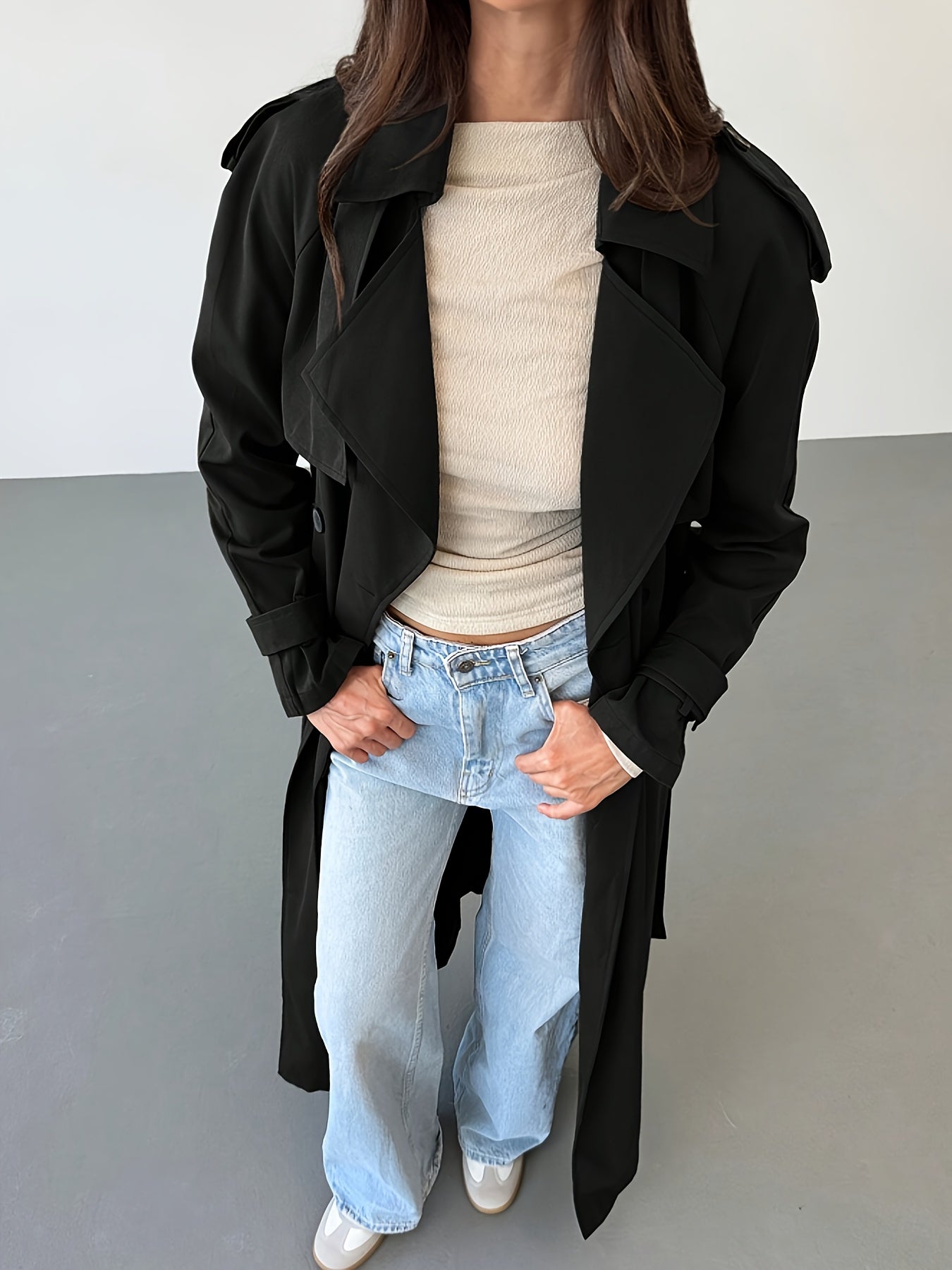 Trench Coat for Women Long Double Breasted Belted Coat for Commuting Autumn