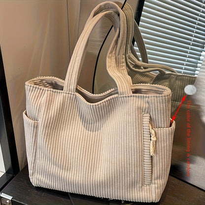 Corduroy Tote Bag for Women Multi Pocket Shoulder Bag for Commute Shopping Travel