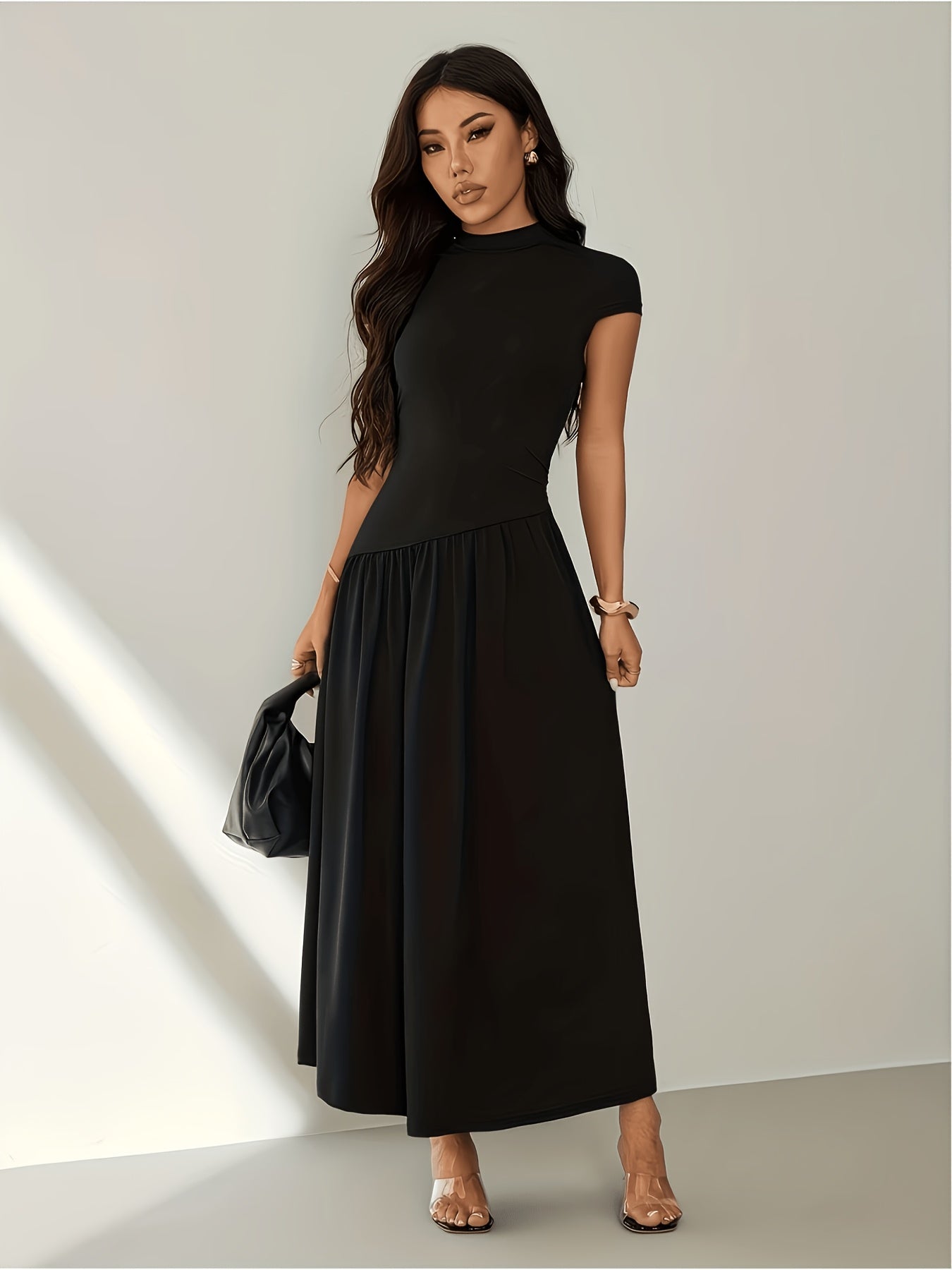 Midi Dress for Women Puff Sleeve Pleated Long Dress for Day Events Smart Casual Summer