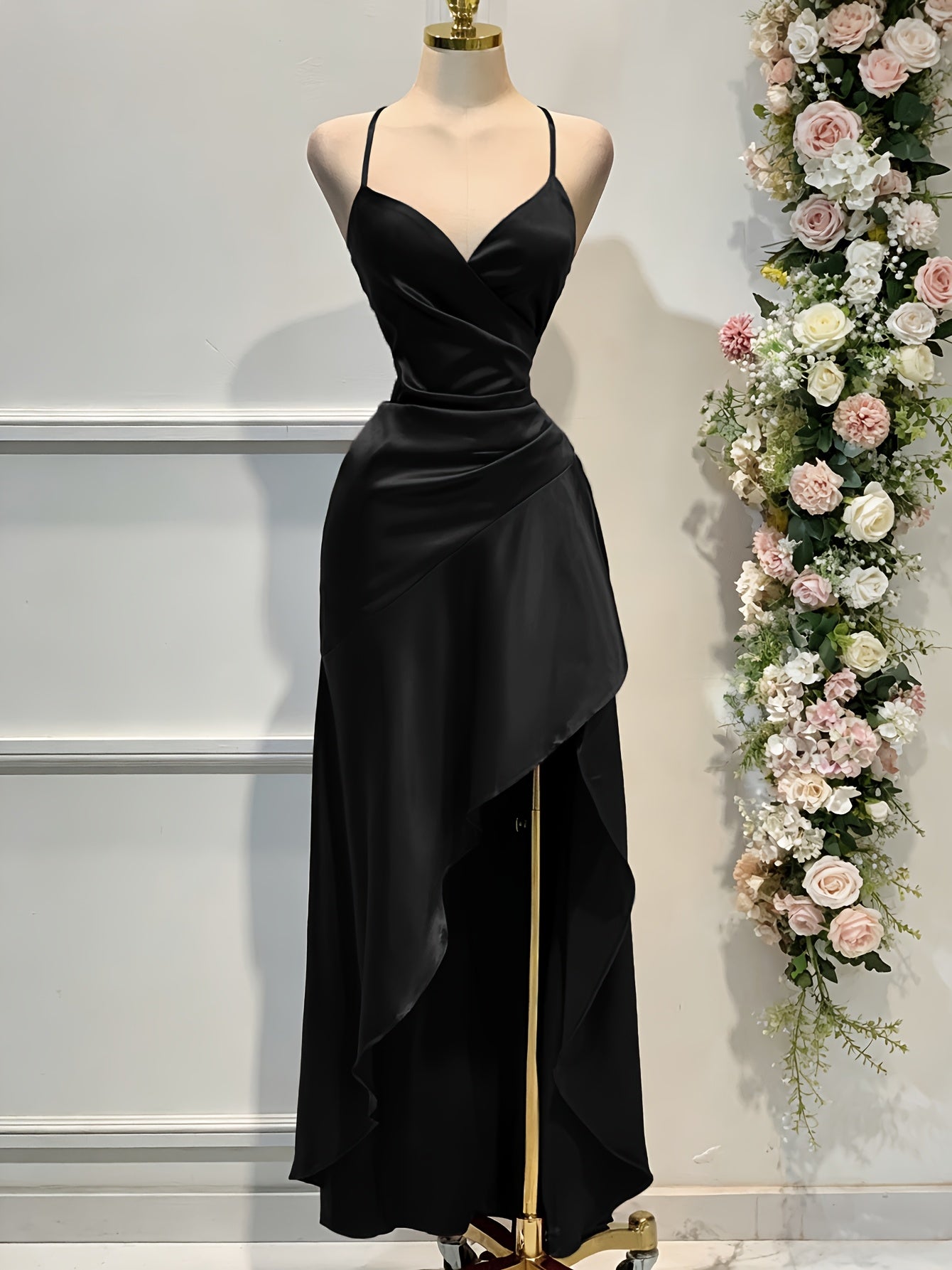 Satin Dress for Women Spaghetti Strap Ruched Open Back Party Wedding Guest Dress