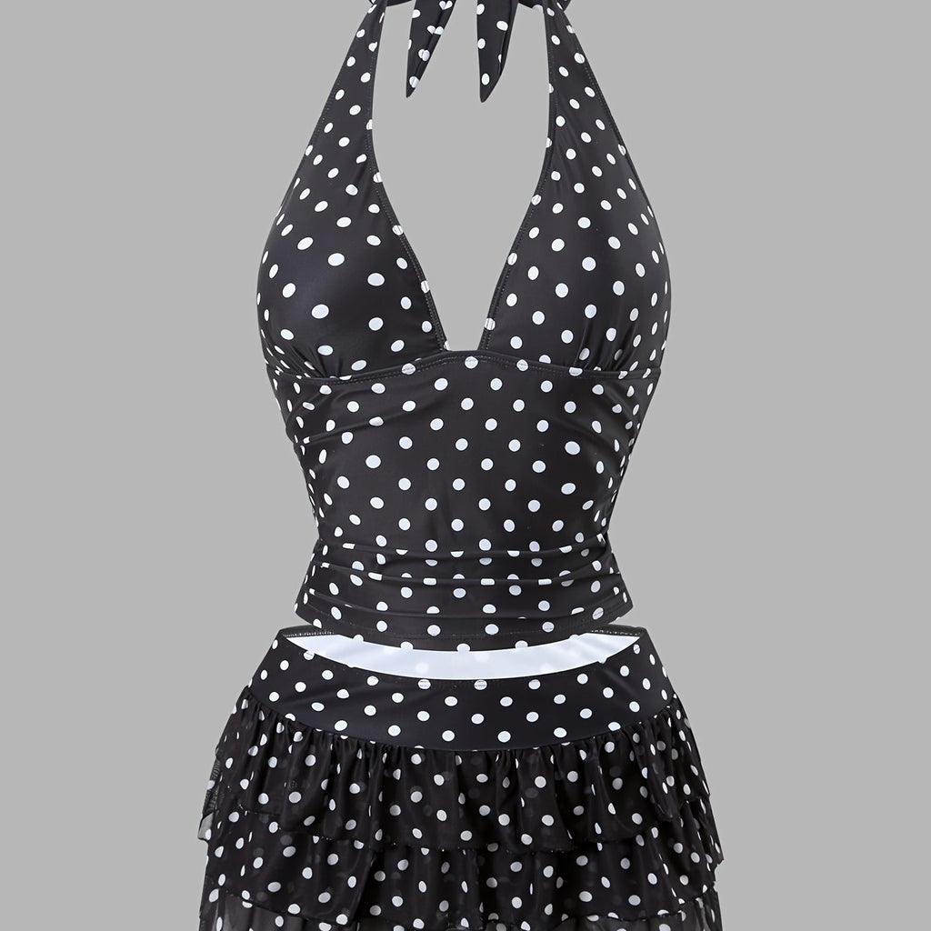 Women's Tankini Swimsuit Set with V-Neck Halter Neck Design, Polka Dot Print, Swim Briefs Paired with Mesh Skirt Hem