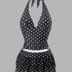 Women's Tankini Swimsuit Set with V-Neck Halter Neck Design, Polka Dot Print, Swim Briefs Paired with Mesh Skirt Hem