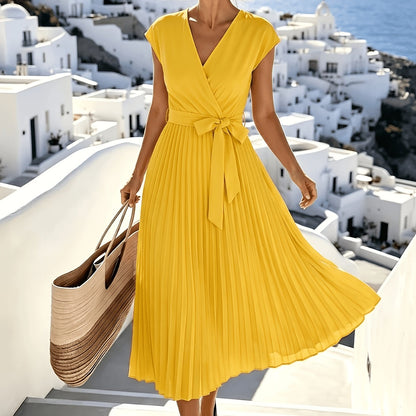 Women'S Elegant Solid V-Neck Sleeveless Tie-Belt Hem Pleated Flowy Midi Dress, Suitable for Casual Vacation Daily Gatherings, Fashionable And Generous Dress