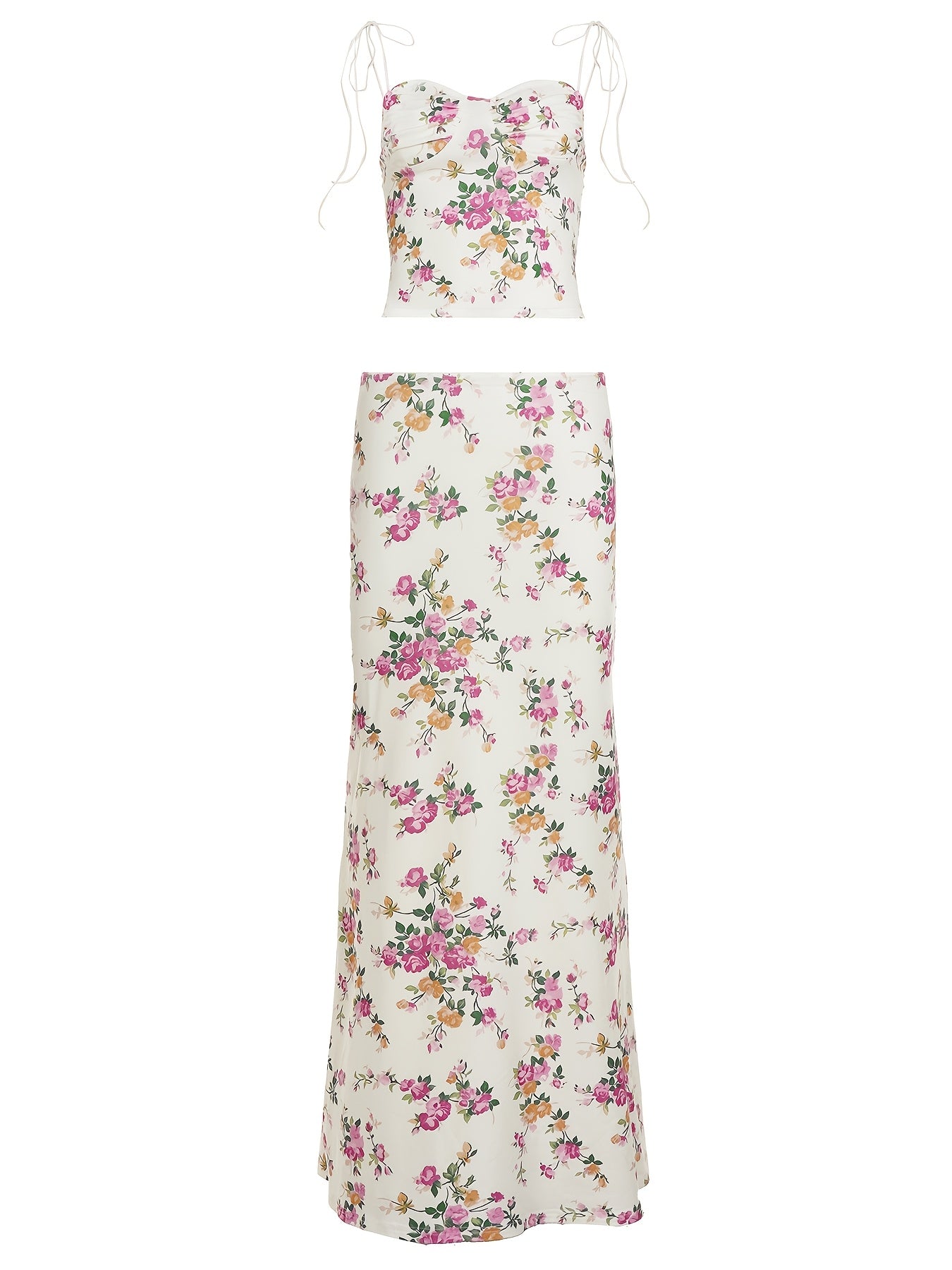 Sassygals French Holiday Style Floral Suspender Vest + Low-Waisted Hip-Hugging Long Skirt, Atmospheric Temperament Set