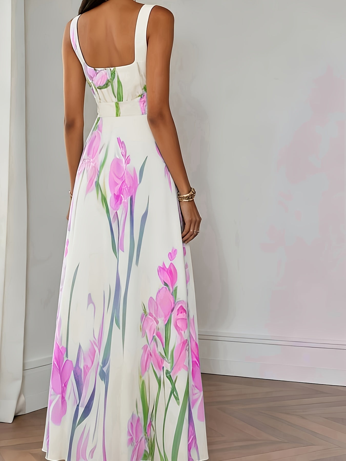 Elegant Women's Floral Print Square Neck A-Line Loose Fit Midi Dress, Suitable for Outings in Spring and Summer, Exquisite