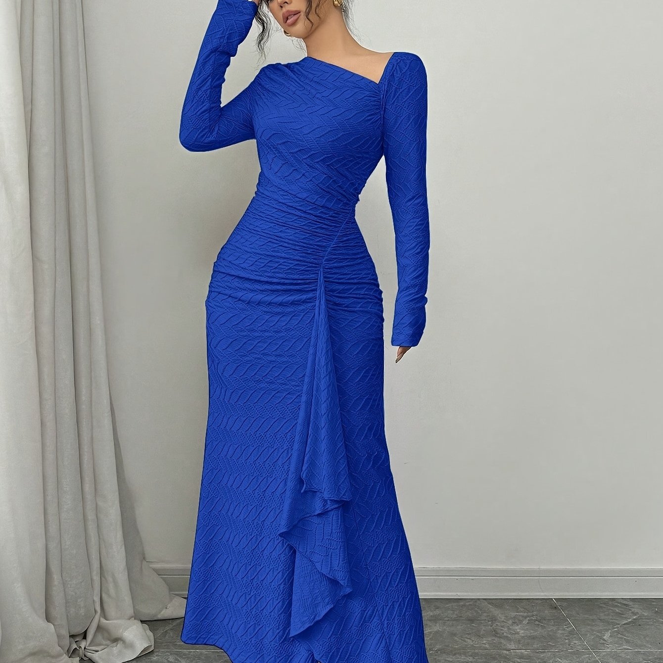 Ladies Elegant Fashion Office Commute Ladies Charm Long Sleeve Asymmetrical Neckline Pleated Slim Fit Bodysuit Collar Solid Color Textured Long Dress [Hw915]Directed