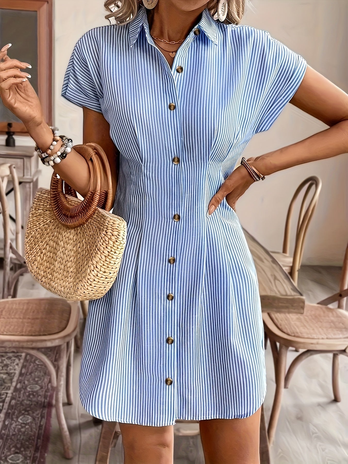 Striped Shirt Dress for Women – Short Sleeve, High Waist, Button Front A-Line
