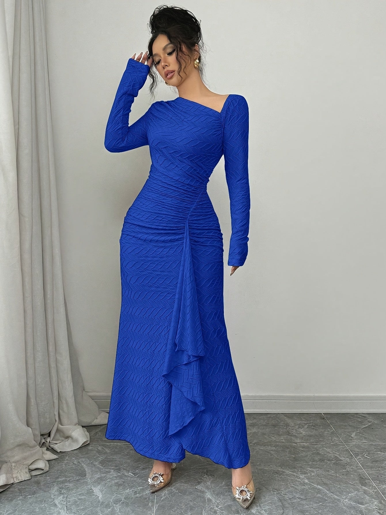 Ladies Elegant Fashion Office Commute Ladies Charm Long Sleeve Asymmetrical Neckline Pleated Slim Fit Bodysuit Collar Solid Color Textured Long Dress [Hw915]Directed