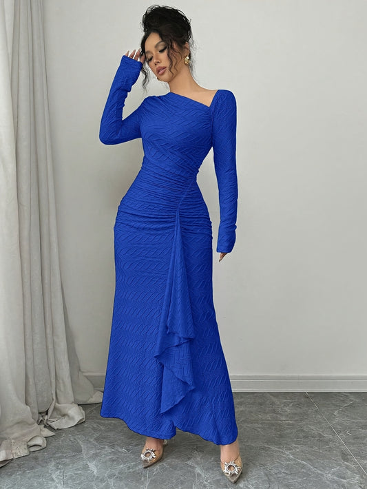 Long Sleeve Maxi Dress for Women – Asymmetrical Neck, Fitted Shape and Frill Detail