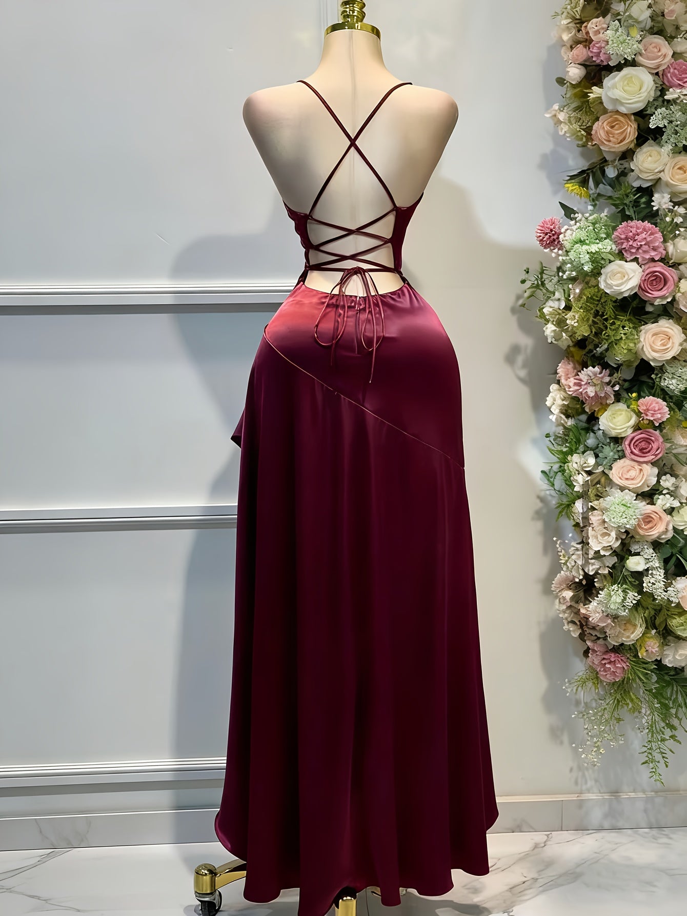 Satin Dress for Women Spaghetti Strap Ruched Open Back Party Wedding Guest Dress