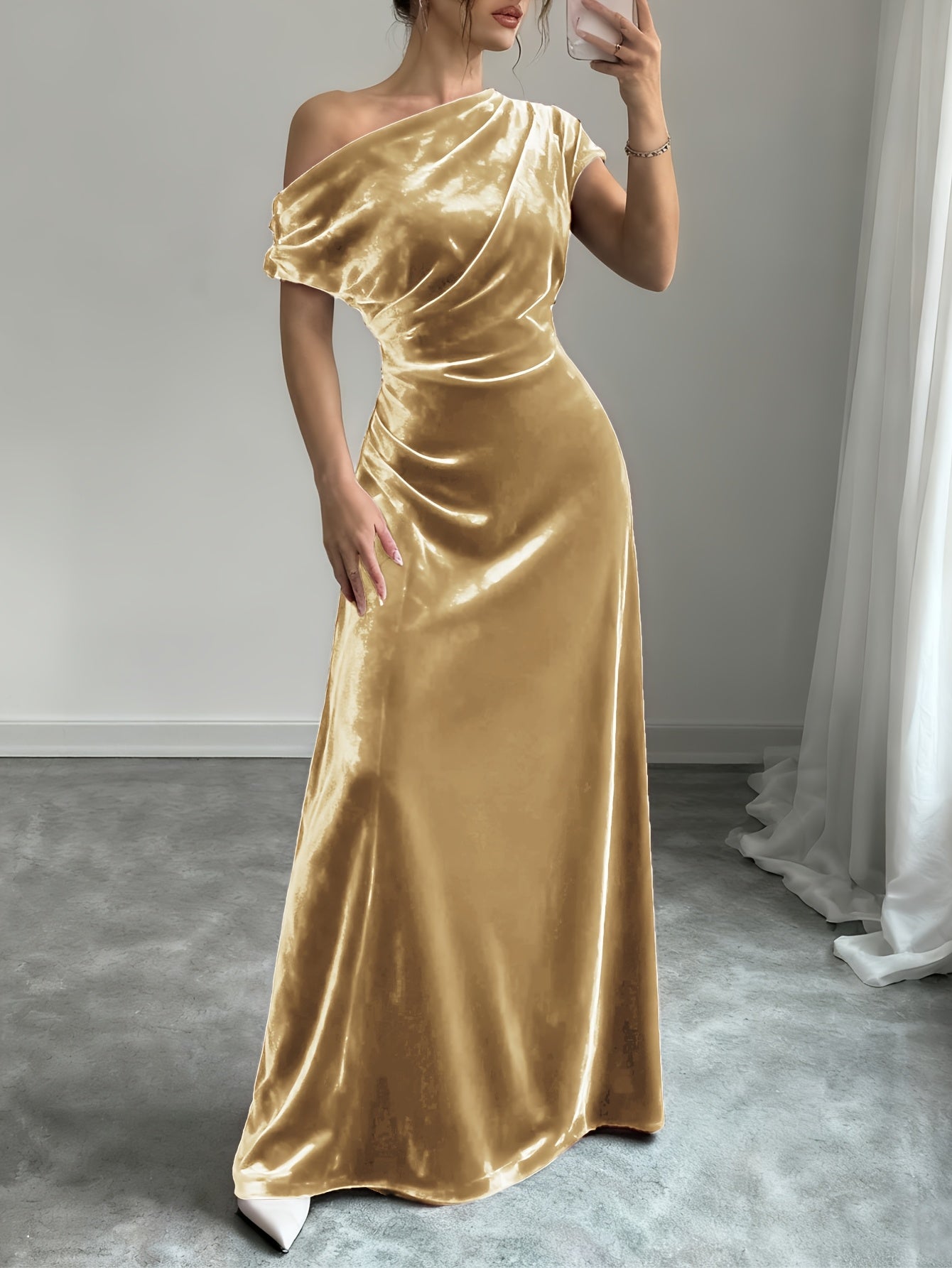 Velvet Dress for Women Off Shoulder Floor Length Evening Dress for Party Banquet Events