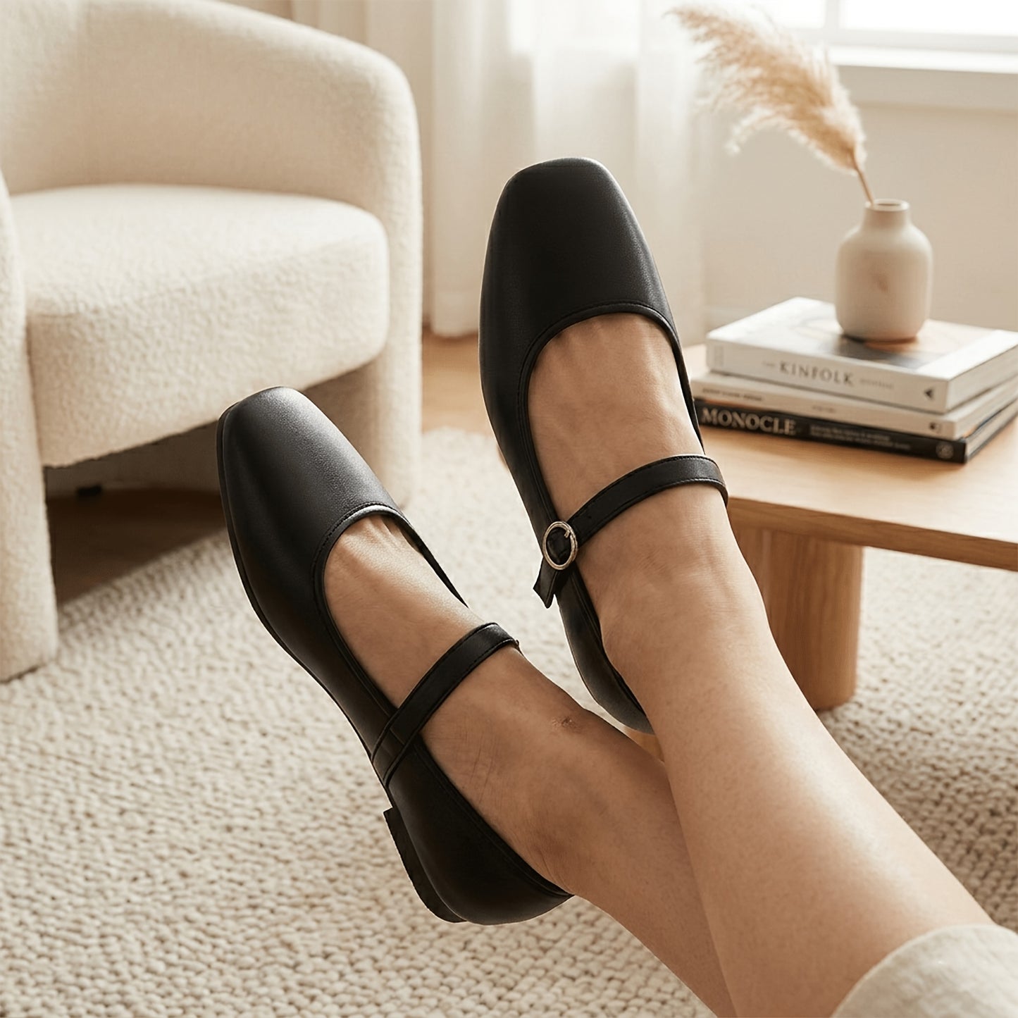 Mary Jane Shoes for Women Square Toe Ankle Strap Flats for Office Everyday
