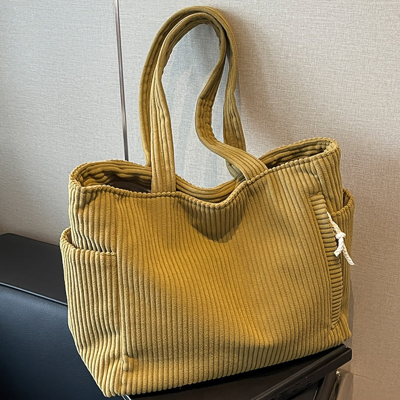 Corduroy Tote Bag for Women Multi Pocket Shoulder Bag for Commute Shopping Travel
