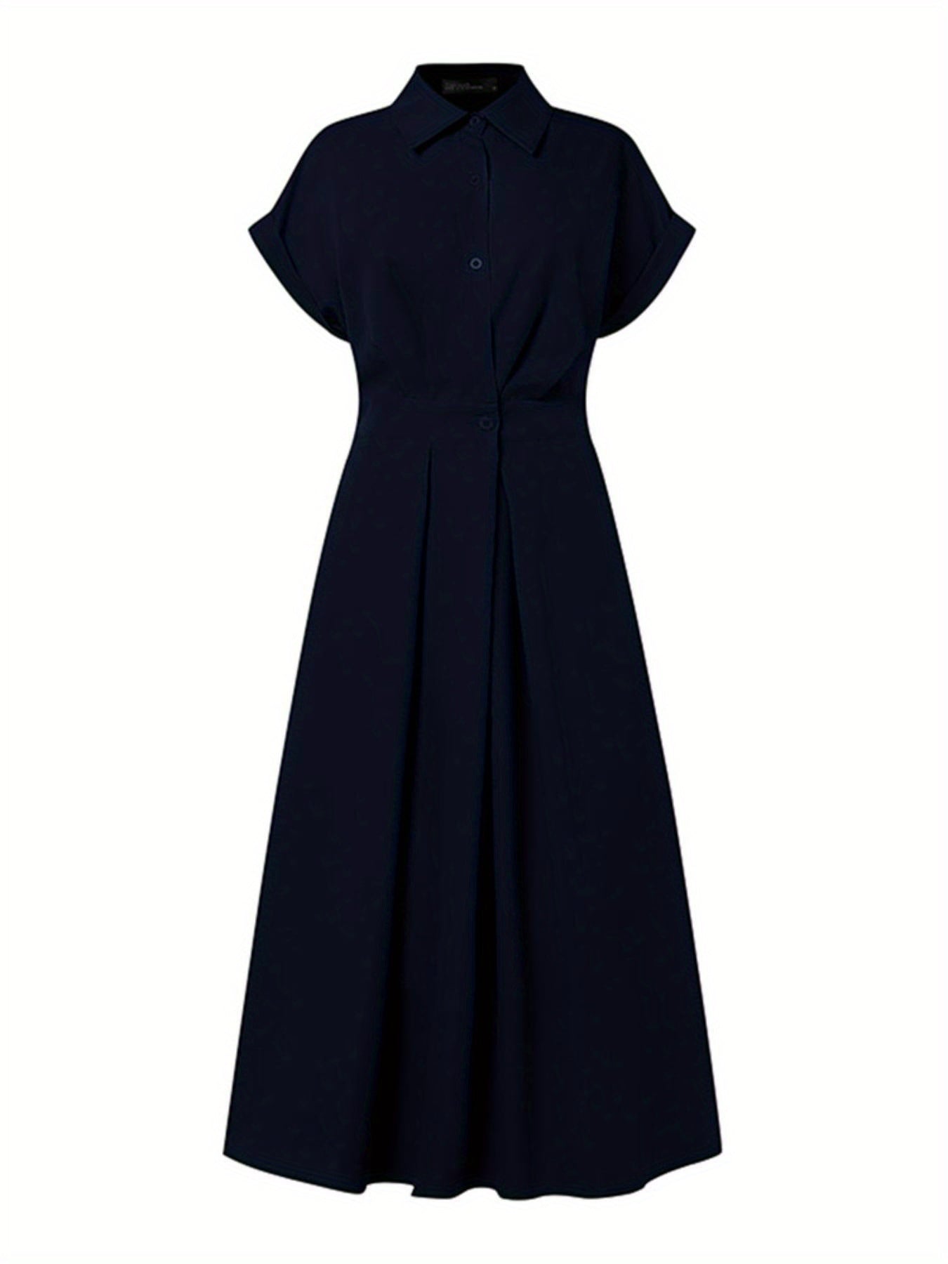 Women'S OL Style Solid Color Lapel Short Sleeve Front Buttons Up Waist Swing Street Style Easy All-Match Lightweight Casual Shirt Dress