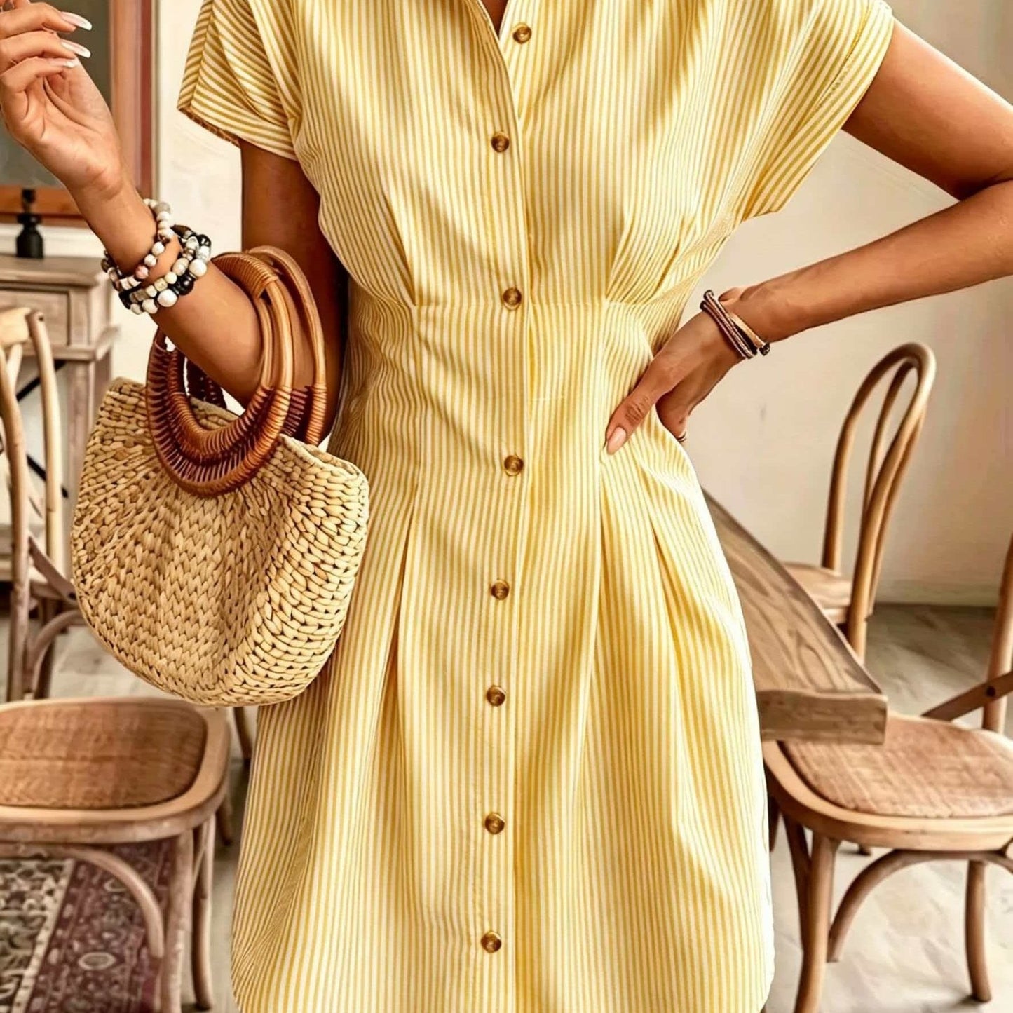 Striped Shirt Dress for Women – Short Sleeve, High Waist, Button Front A-Line
