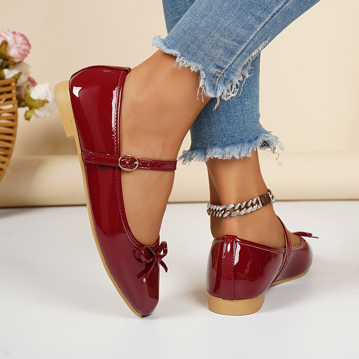 Mary Jane Shoes for Women Wine Red Bow Strap Flat Shoes for Office Daywear Outfits