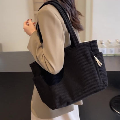 Corduroy Tote Bag for Women Multi Pocket Shoulder Bag for Commute Shopping Travel