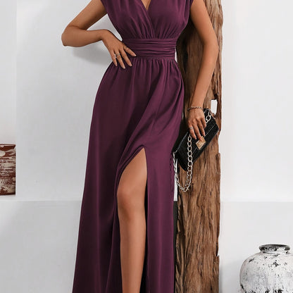Elegant V-Neck -Line Maxi Dress Suitable for Weddings, Parties & Daily Wear - Machine Washable Solid Color Dress with V-Neck Collar, Flattering Fit for Events & Casual Occasions (Year-Round Wear)