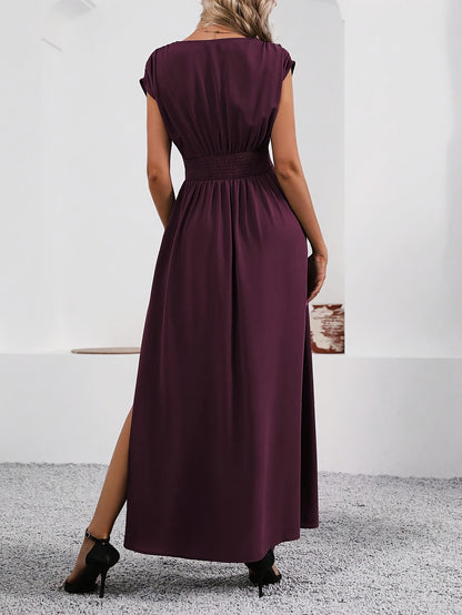 Elegant V-Neck -Line Maxi Dress Suitable for Weddings, Parties & Daily Wear - Machine Washable Solid Color Dress with V-Neck Collar, Flattering Fit for Events & Casual Occasions (Year-Round Wear)