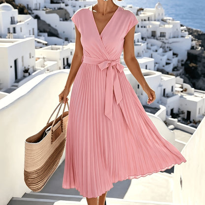 Women'S Elegant Solid V-Neck Sleeveless Tie-Belt Hem Pleated Flowy Midi Dress, Suitable for Casual Vacation Daily Gatherings, Fashionable And Generous Dress
