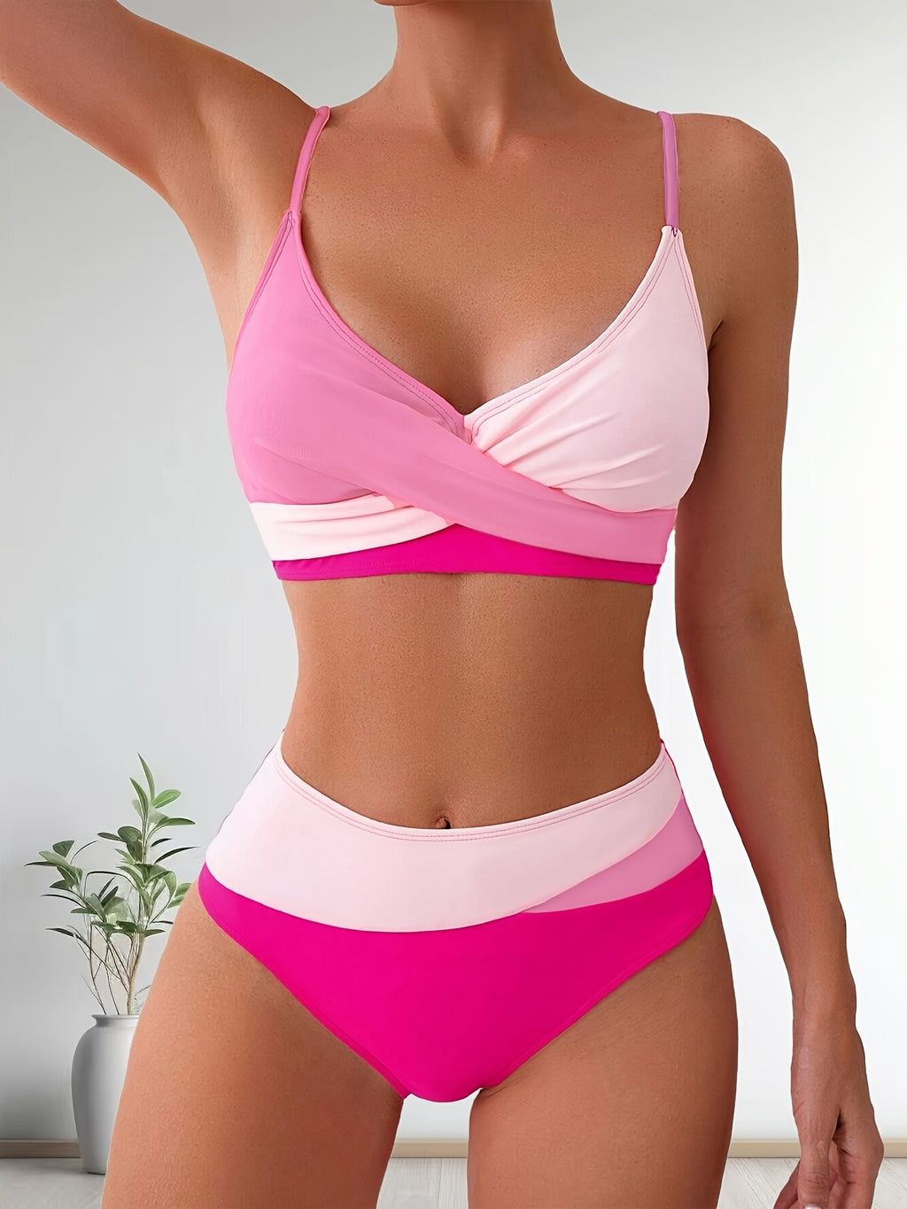Solid Color Patchwork High-Waisted Sexy Bikini Split Swimsuit Swimwear