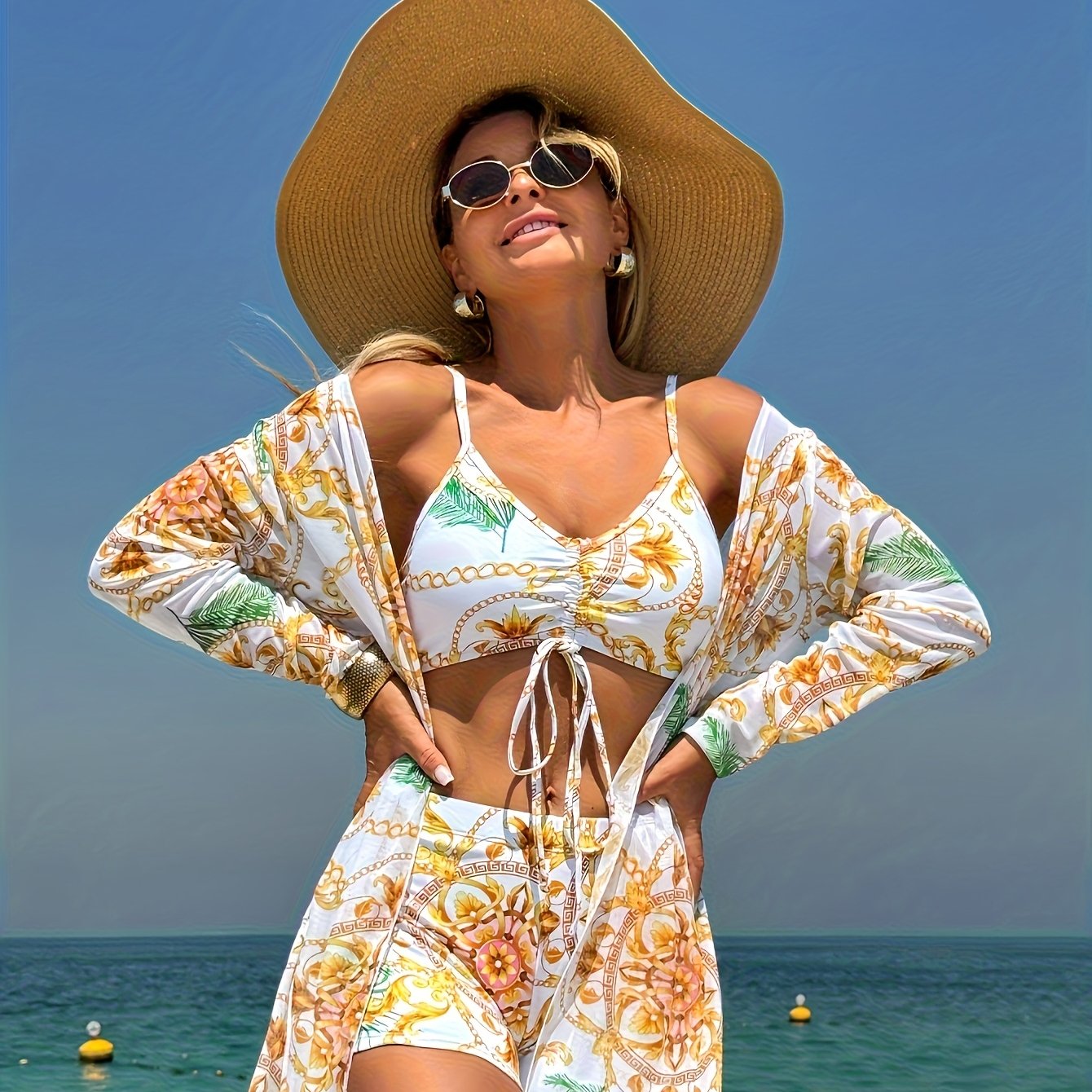 Women's Bikini Three-Piece Swimsuit with Boxer Shorts, New Split Cover-Up, Bowknot Fashion Beachwear