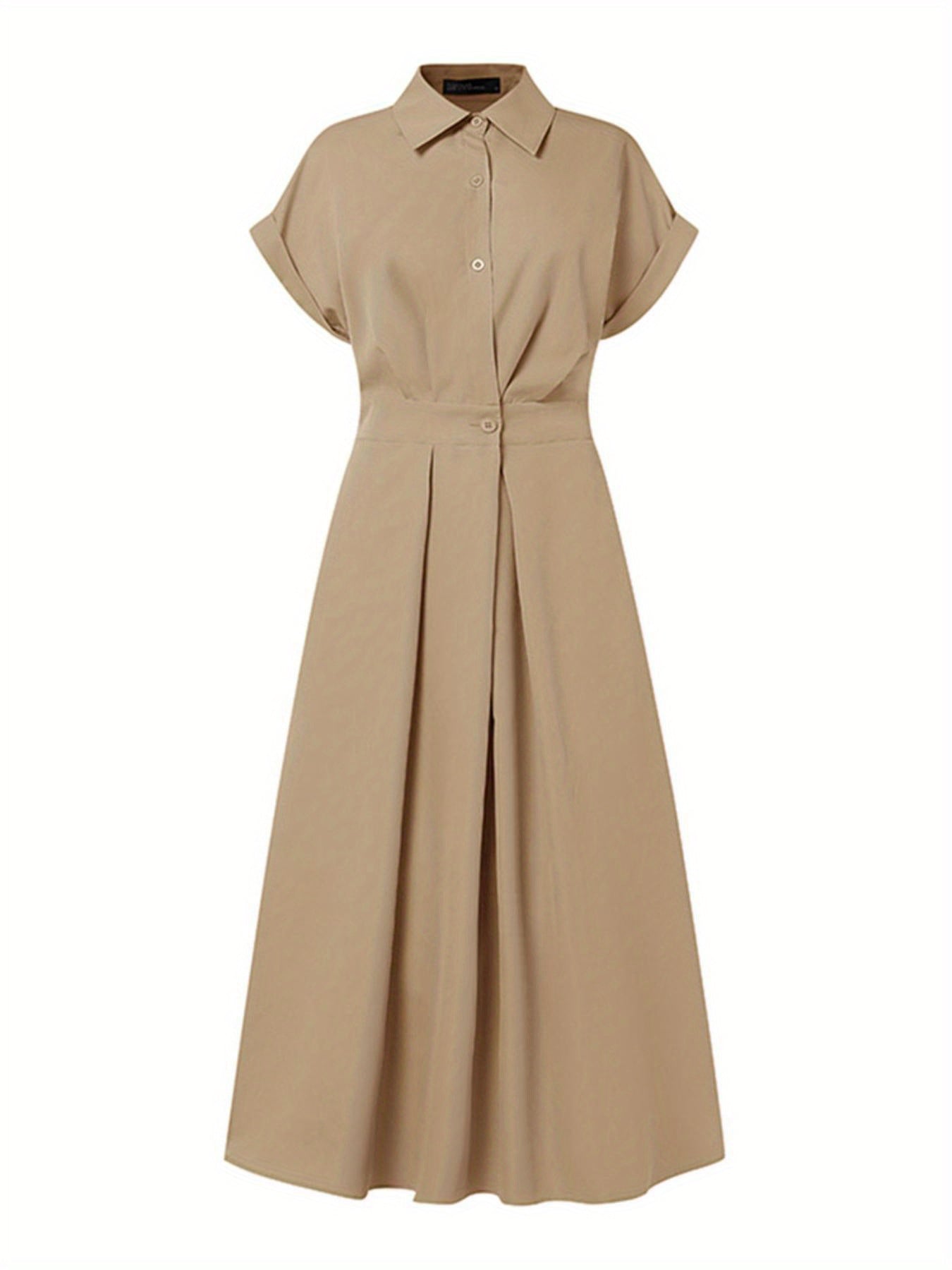 Women'S OL Style Solid Color Lapel Short Sleeve Front Buttons Up Waist Swing Street Style Easy All-Match Lightweight Casual Shirt Dress