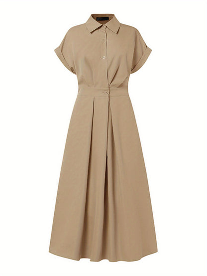 Women'S OL Style Solid Color Lapel Short Sleeve Front Buttons Up Waist Swing Street Style Easy All-Match Lightweight Casual Shirt Dress