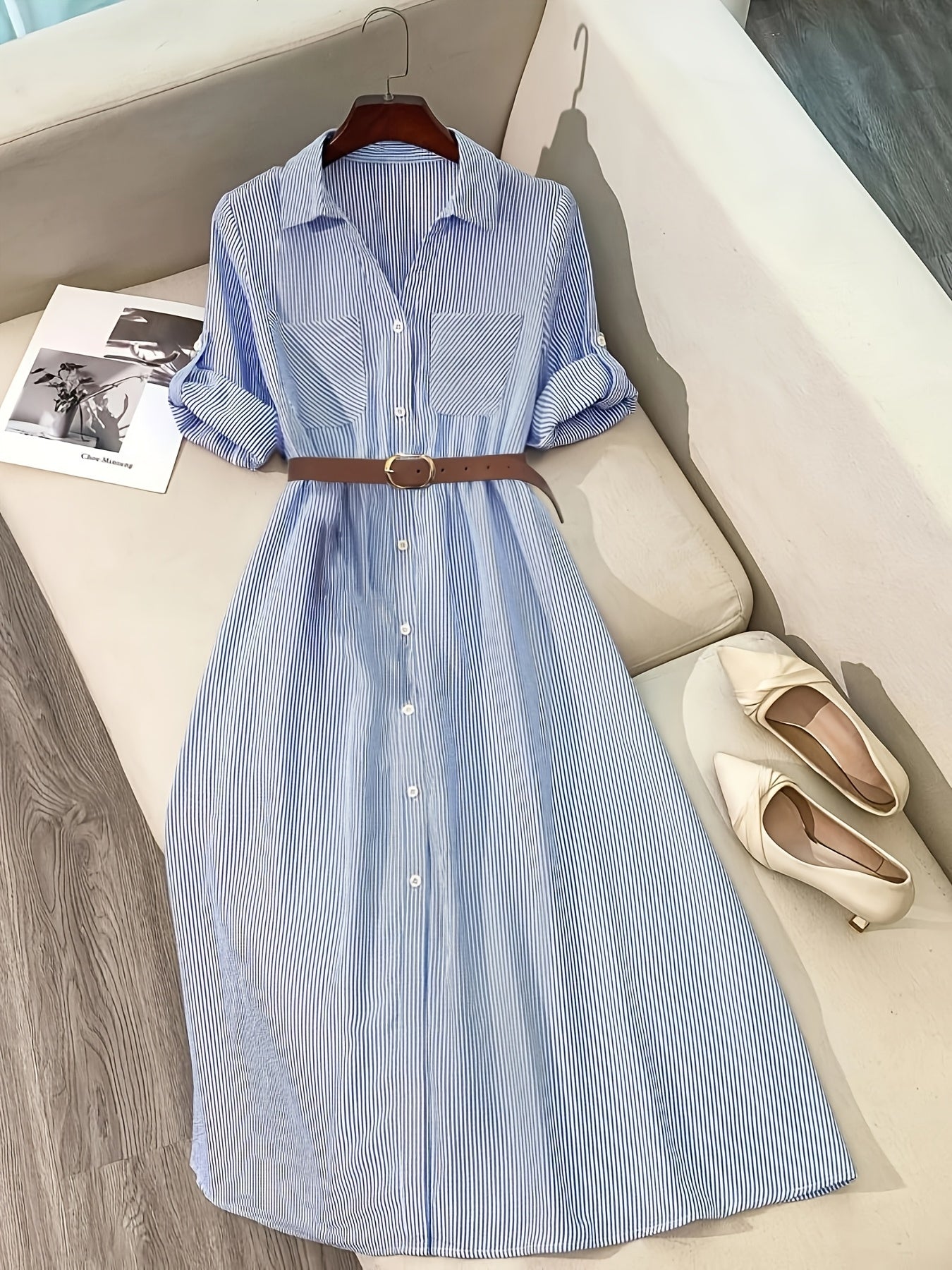 [Elegant Shirt Dress] Elegant Casual Women's Long Shirt Dress | Striped Long-Sleeve Single-Breasted Button Pocket with Belt