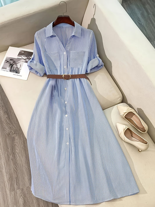 [Elegant Shirt Dress] Elegant Casual Women's Long Shirt Dress | Striped Long-Sleeve Single-Breasted Button Pocket with Belt