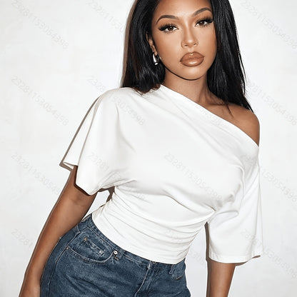 Off Shoulder Top for Women Short Sleeve Fitted Summer Top for Daywear Dinner Casual