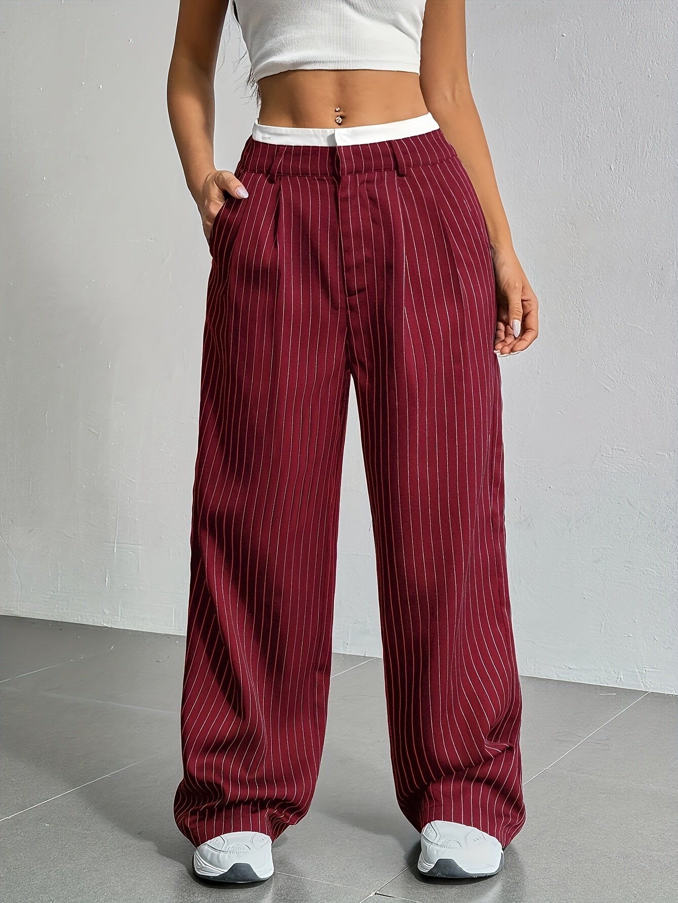 Early Autumn New Striped High-Waist Contrast Button-Closure Wide-Leg Suit Women'S Long Trousers