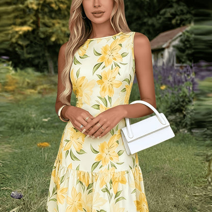 Round Neck, Cinched Waist, Gathered Hem with a Flowing A-line Skirt, Made of a Polyester-spandex, Machine Washable, Suitable for Casual Wear, Vacations, Parties, and Home Life