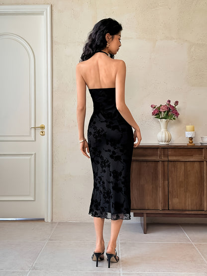 Midi Dress for Women Floral Flocked Tulle Backless Mesh Dress for Wedding Guest Events