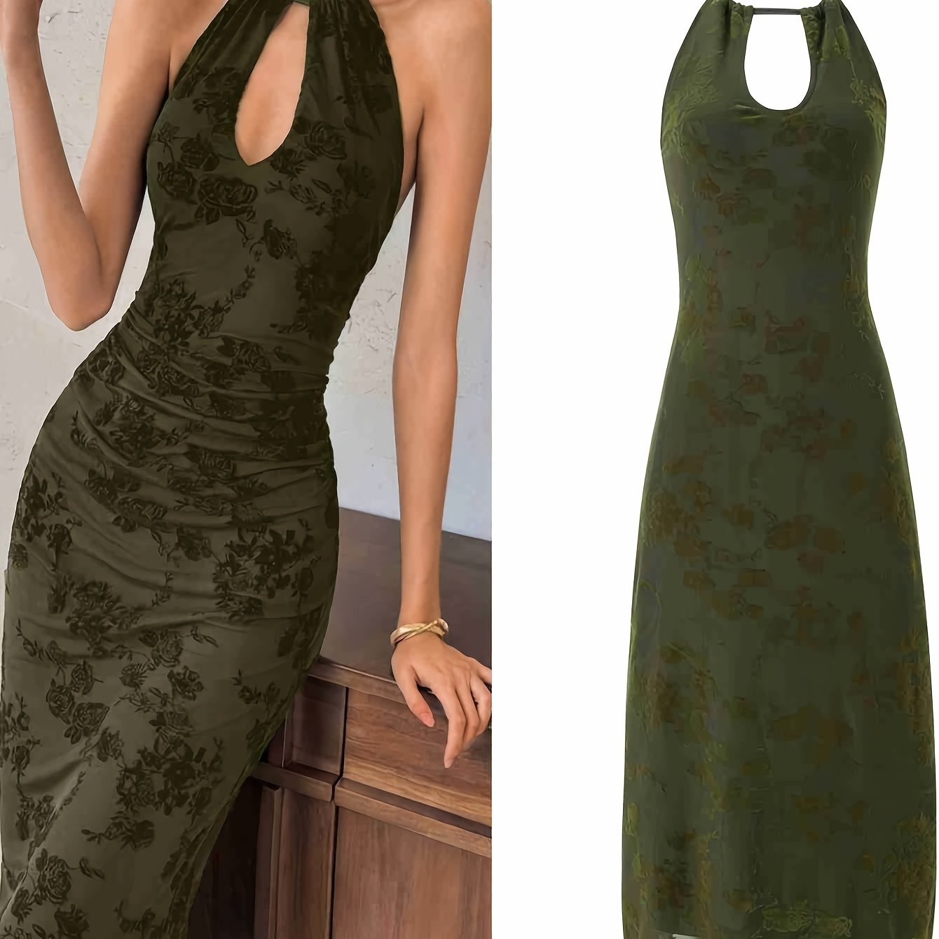 Midi Dress for Women Floral Flocked Tulle Backless Mesh Dress for Wedding Guest Events