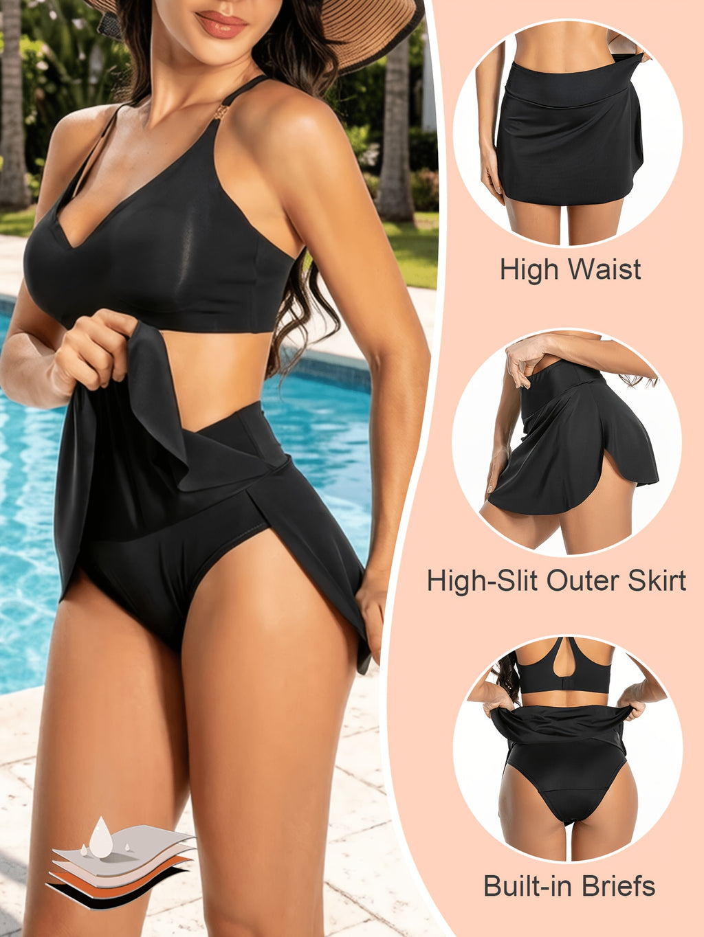 Women's High Cut Period Skort, Built-in 4-layer Period Protective Inner Brief, Ideal for Water