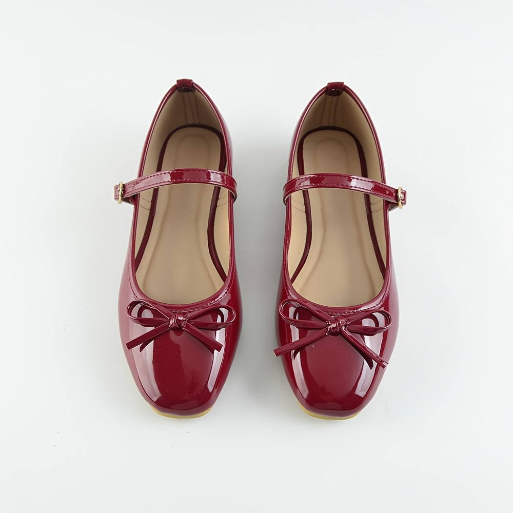 Mary Jane Shoes for Women Wine Red Bow Strap Flat Shoes for Office Daywear Outfits