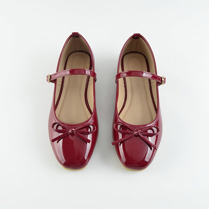 Mary Jane Shoes for Women Wine Red Bow Strap Flat Shoes for Office Daywear Outfits