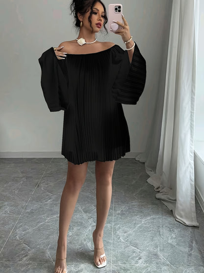 Women'S Elegant Off-Shoulder Ruched Long Sleeve Chiffon Dress