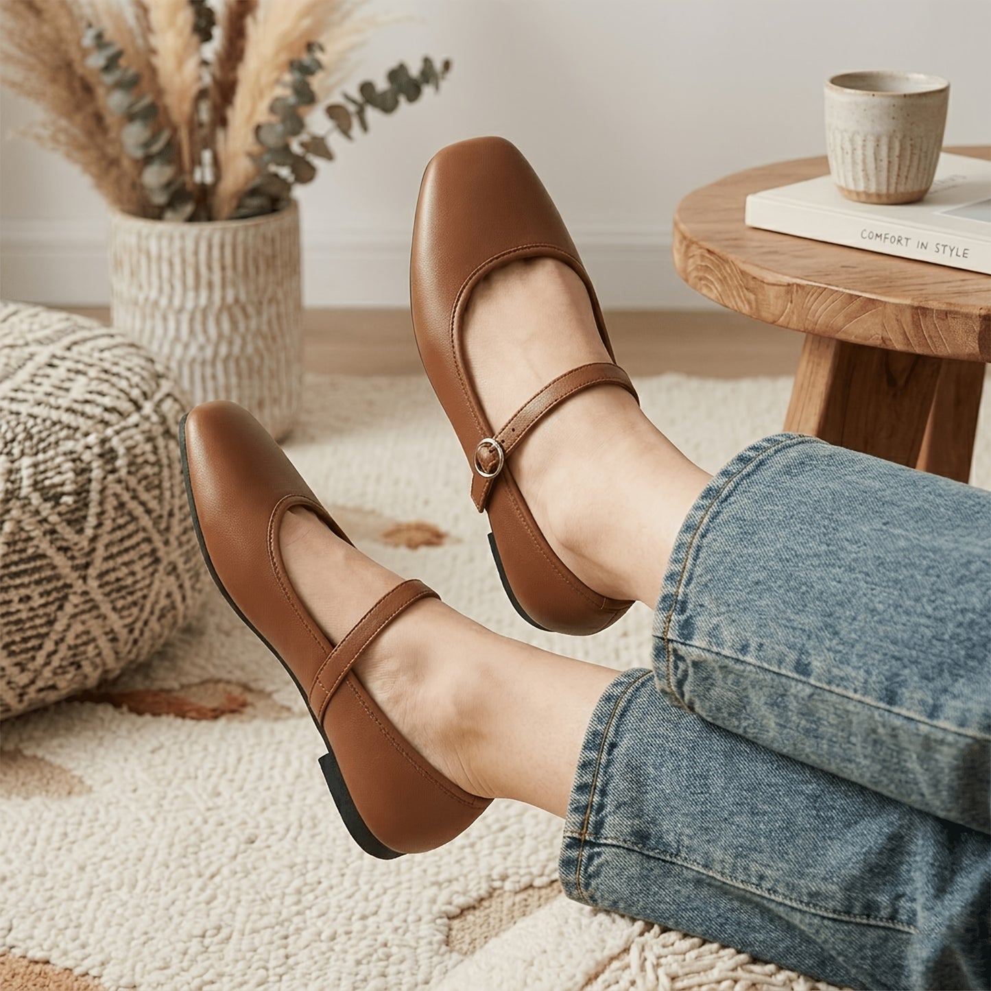 Mary Jane Shoes for Women Square Toe Ankle Strap Flats for Office Everyday
