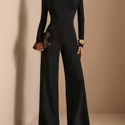 [Asymmetric Off-Shoulder Romper] Women's Elegant Asymmetric Off Shoulder Long Sleeve Wide Leg Romper - Solid Black Casual Jumpsuit for Spring Summer