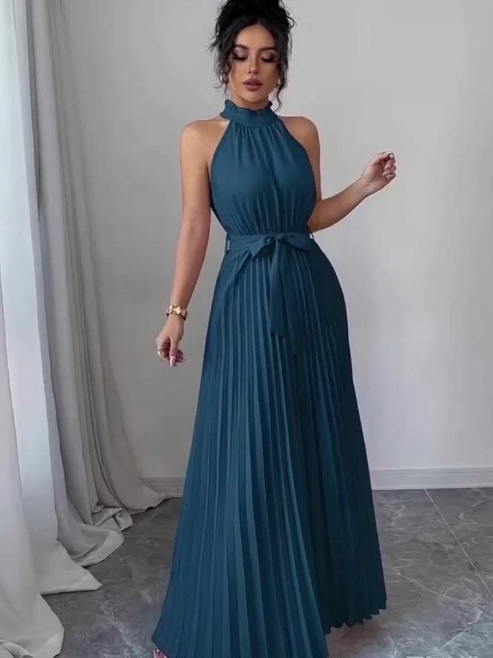 YY0328347, Women's Romantic Elegant A-Line Dress, Sleeveless Pleated Waist-cinching Long Dress
